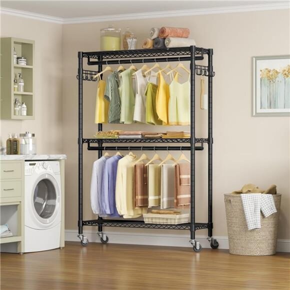 Heavy Duty Rolling Garment Rack 3 Tiers Adjustable Wire Shelving Clothes Rack - Picture 3 of 7